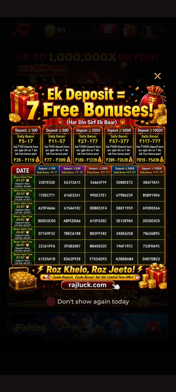 RajLuck Game homepage interface on Android mobile device